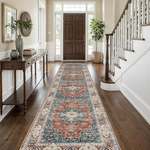 Ksrau 3x12 Runner Rug Washable Vintage: Non Slip Hallway Runners Brick/Blue by Ksrau