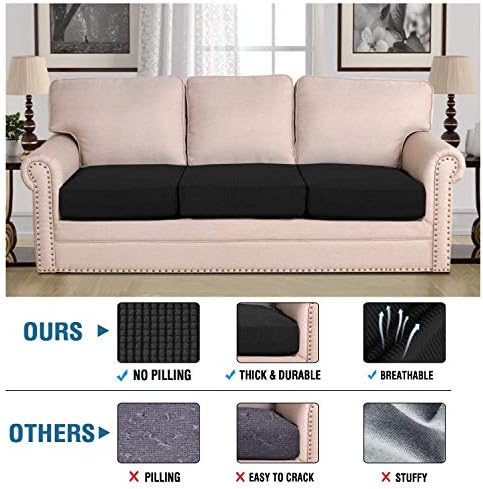 H.VERSAILTEX Super Stretch Individual Seat Cushion Covers Sofa Couch Slipcover Sets Thick Jacquard Textured Twill Fabric (3 Piece Covers, Black) - Image 2