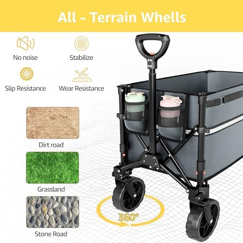 ROSONG Collapsible Wagon Cart with Wheels Foldable - Folding Utility Heavy Duty Wagons Carts for Grocery Sports Garden Shopping Camping Grey - Image 4