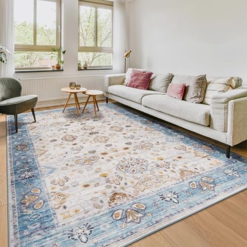 Hanples 6x9 Area Rugs for Living Room, Washable Rug Vintage Floral, Blue - Image 3