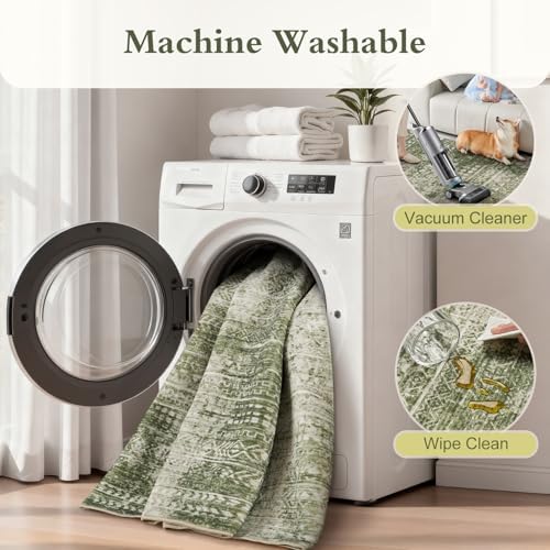 3 x 5 Rug Small Non Slip Machine Washable Rug Distressed Abstract Soft Indoor Carpet Neutral Boho Rug for Bedroom Living Room Entryway Kitchen Bedside, Green - Image 6