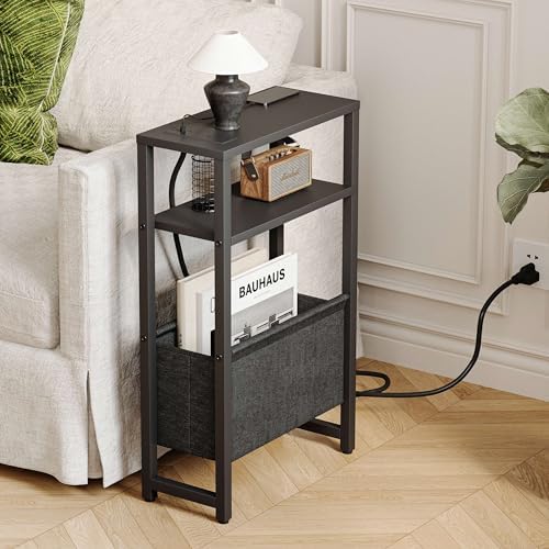 Narrow Side Table with Charging Station, Slim End Table with Magazine Rack, Bedside Table for Small Spaces, 3 Tier Sofa Couch Table Nightstand for Living Room, Bedroom, Black LET503BE - Image 2