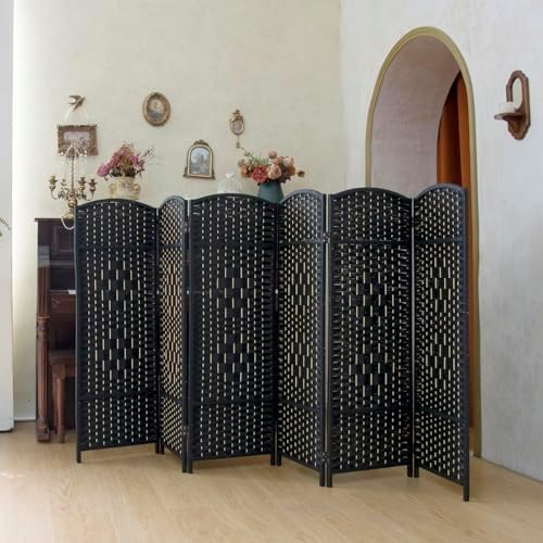 Compact 6 Panel Short Room Divider, 47.2 Inch Tall Double-Sided Rattan Folding Screen for Home & Office,Black by PawlaBay