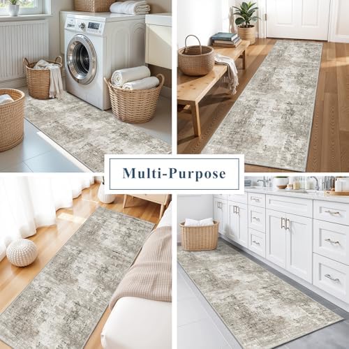 2x6 Washable Non-Slip Hallway Runner Rug – Modern Abstract Soft Carpet Runner for Kitchen, Bedroom with Rubber Backing – Low-Pile Thin Stain-Resistant Rug for Laundry Room, Entryway – Beige/Grey - Image 3