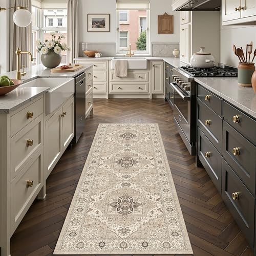 2x6 Washable Entryway Runner Rug, Vintage Non-Slip Low Pile Rugs, Beige by Winslssol
