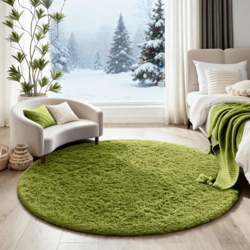 Ophanie Round Rug 4Ft Green Circle Area Rug, Green Room Decor, Fluffy Fuzzy Bedroom Carpet, Plush Soft Shaggy Living Room Rugs for Kids Home Decor Aesthetic, Nursery with 99 pcs Pile fibers - Image 5