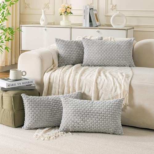 Set of 4 Grey Decorative Throw Pillow Covers 12x20 Inch Corduroy Pillow Covers for Bed Couch Sofa Living Room Soft Cushion Cases by Cozoomy