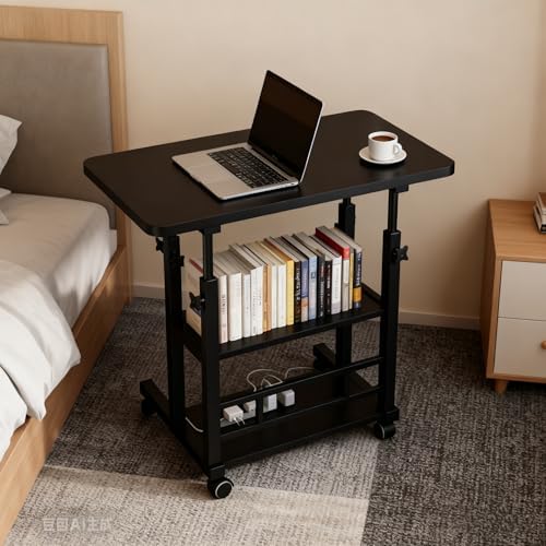 VebaCidi Medical Overbed Bedside Table with Two Shelves and Wheels (Hospital and Home Use), 31 1/2" Desk with Non Tilt Wooden Top, Adjustable Height (Black Desktop and Legs) by VebaCidi