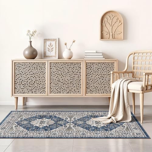 2x4 Non-Slip Entryway Area Rugs: Washable Stain Resistant Kitchen Carpet Printed Doormat Soft Low Pile Nursery Rug Vintage Small Floor Mat for Hardwood Bedroom Cozy Home Decor fot Family(2x4,Blue) - Image 4