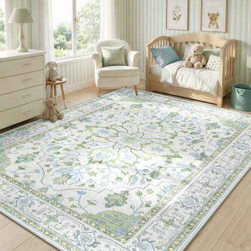 RELEANY Washable Area Rug, 5'x7', Green/White/Blue - Image 3