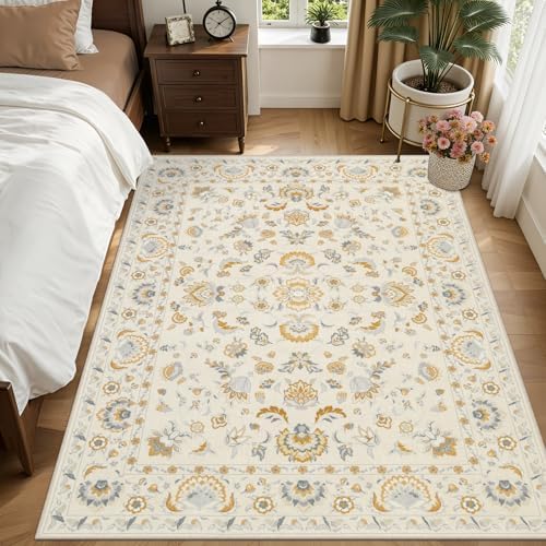 6x9 Area Rug Living Room: Soft Floral Washable Boho Carpet Beige - Image 3