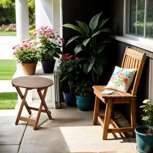 Outdoor Small Table, Round Folding Wooden Patio Side Table Furniture End Table for Adirondack Chair, Balcony, Porch, No Assembly Required, Brown - Image 4