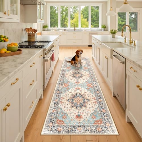 RELEANY Washable Area Rug, Runner 2'6"x8', Beige/Blue/Orange by RELEANY