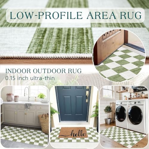 Front Door Mat Indoor Entrance - 2x4.3 Ft Green White Checkered Rug - Image 5