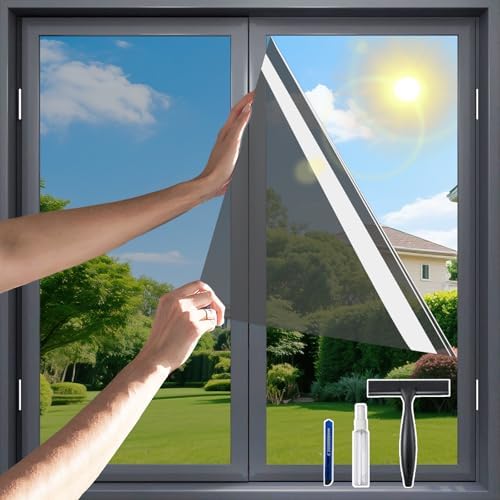 One Way Privacy Window Film，Flueen Shatterproof PET Window Tint for Heat Control & 99% UV Protection Blackout Window Treatment for Home, Office Doors with Eco-Adhesive Grey-Silver41.5"×78.7" by Flueen