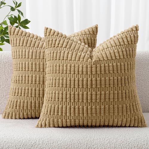 MIULEE Corduroy Decorative Throw Pillow Covers 18x18 Khaki Pack of 2 by MIULEE