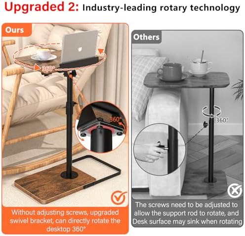 TV Tray Table for Couch, Height Adjustable/360° Swivel/180° Flip-Over Panel Design C-Shaped End Table, Sofa Arm End Side Table with Phone & Tablet Slot for Eating, Laptop,Couch Bed (Vintage Brown) - Image 3