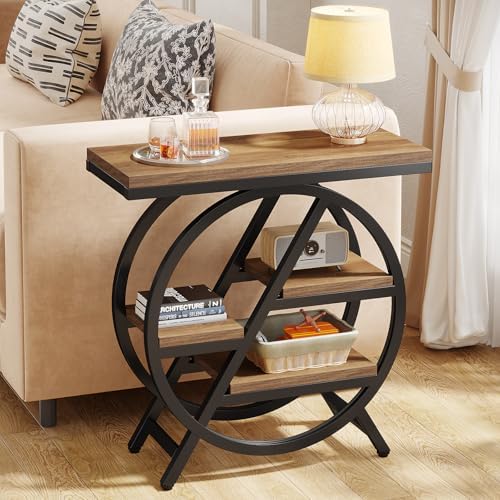 Tribesigns End Table Set of 2, 3-Tier Narrow Sofa Side Table with Storage for Living Room, Wood End Table with Geometric Metal Frame, Industrial Nightstand and Bedside Table for Bedroom, Light Brown - Image 4