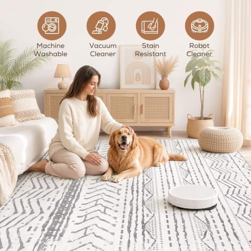 Nakagishi 5x8 Area Rug Living Room: Washable Boho Large Neutral Soft Rugs Farmhouse Stain Resistant Modern Indoor Non-Slip Carpet for Bedroom Nursery Kids Playroom Office Dining Room Dorm- Gray White - Image 3