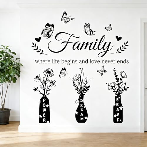 Family Where Life Begins and Love Never Ends Wall Decal - Inspirational Quote with Floral Vase & Butterfly Stickers, Power Dream Brave Vinyl Wall Art for Living Room, Entryway, Farmhouse Home Decor - Image 3