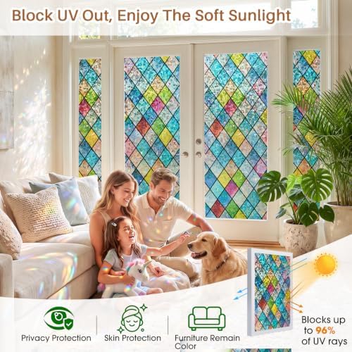 Sunbaby Stained Glass Winodw Film, Rainbow Lattice Stickers, 29.5"x78.7" - Image 4
