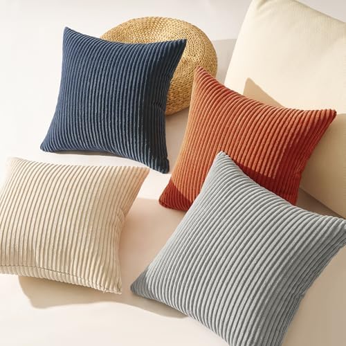Topfinel Decorative Velvet Pillow Covers Blue and Yellow 18x18 Boho Nordic Couch Throw Pillow Covers for Bed Pack of 4 Corduroy Accent Modern Pillowcase Sofa Livingroom Home Decor - Image 5