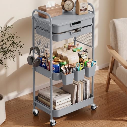 3 Tier Rolling Cart with 2 Drawers, Metal Utility Storage Carts with Wheels by AisslroDirect