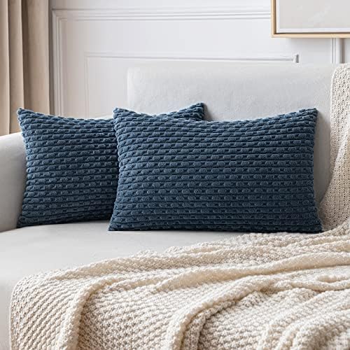MIULEE Lumbar Decorative Throw Pillow Covers 12x20 Blue Textured Corduroy by MIULEE