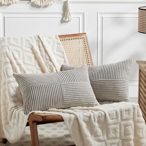 Fancy Homi 2 Packs Neutral Grey Lumbar Decorative Throw Pillow Covers 20x28 Inch for Living Room Couch Bed Sofa, Farmhouse Home Decor, Soft Striped Corduroy Rectangle Accent Cushion Case 50x70 cm by Fancy+Homi