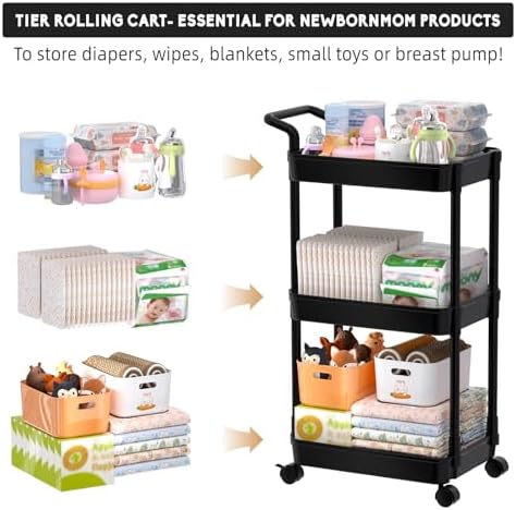 Volnamal Diaper Caddy, 3 Tier Rolling Cart for Baby Essentials, Black - Image 3