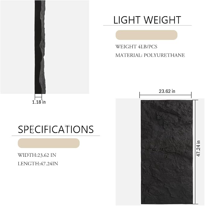 4-Pack 3D Faux Stone Wall Panels Rock Wall Panel Dark Black | 47.24"*23.62" PU Stone Wall Panels for Interior Decor, Lightweight & Waterproof - Image 2