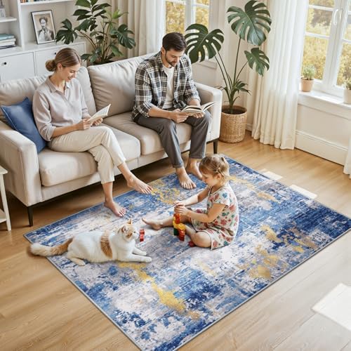 RELEANY Washable 4'x6' Abstract Area Rug for Living Room Blue Gold - Image 2
