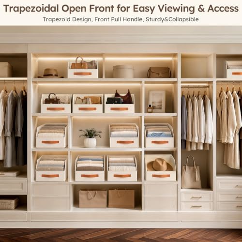 Homsorout Fabric Storage Bins for Organizing - 6 Pack Large Trapezoid Collapsible Storage Bins with Front Handle, Closet Organizers and Storage for Bedroom, Home Shelves, Small Spaces, Beige - Image 2