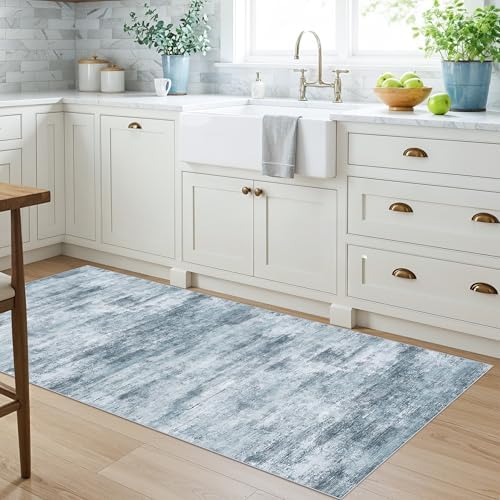 2x5 Non-Slip Washable Runner Rug – Modern Neutral Abstract Small Rug for Hallway, Kitchen, Bathroom, Bedroom, Entryway, Laundry Room – Thin Soft Low-Pile Rubber Backing (Blue Grey) - Image 2