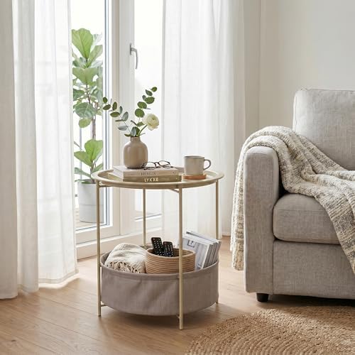 VECELO Round Side/End Table with Fabric Storage Basket，Metal Anti-Rust and Waterproof Small Bedside Nightstand with Removable Tray Top for Living Room，Balcony & Laundry，Grey /1pcs with Basket - Image 2