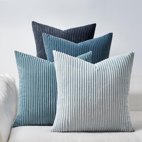 Topfinel Decorative Throw Pillow Covers Aque Teal Blue Gray Series,Summer Corduroy Striped Toss Pillows for Couch,Patio,Balcony,Children Bedroom,Modern Fluffy Blue Gradient Shams 20x20 Inch Set of 4 by Topfinel