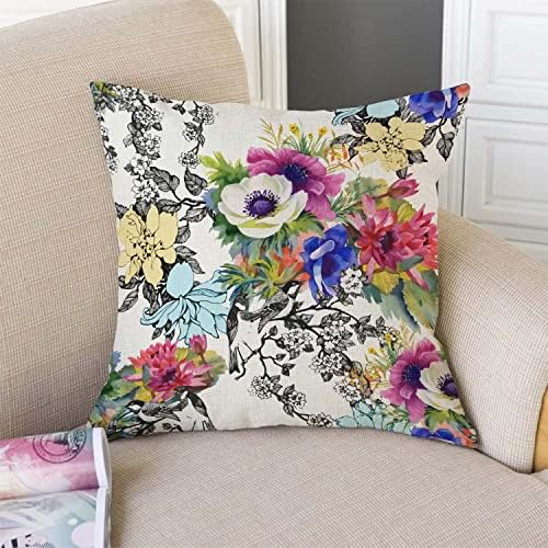 TSSOHU Throw Pillow Cover Vivid Colorful Garden Print Blossoming Wildflowers Birds Leaves Branches Decorative Throw Pillow Case Square 18" x 18" Home Couch Bed Pillowcase - Image 3