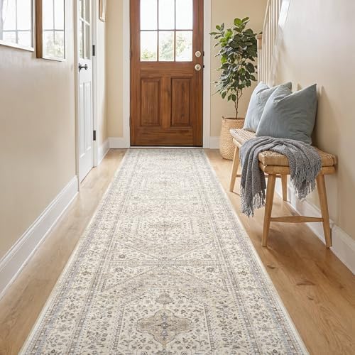 2x10 Washable Hallway Runner Rug - Non-Slip Vintage Kitchen Rugs Beige Gray - Image 2
