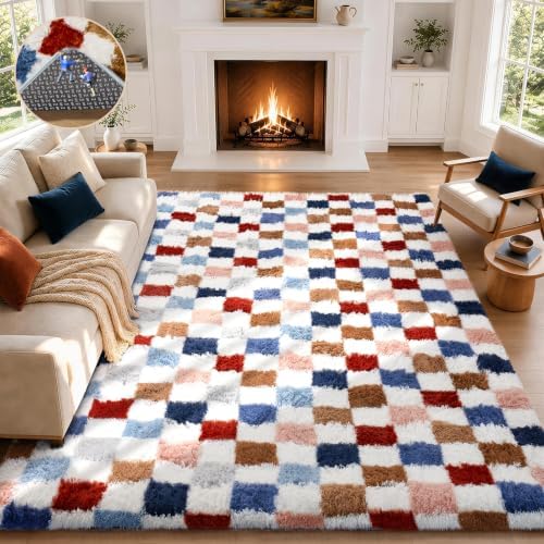 Ophanie Checkered Rainbow Rug for Living Room Bedroom,Colorful Fluffy Soft Cute Fuzzy Area Rugs,Shag Plush Shaggy Bedside Floor 8x10 Furry Carpet for Kids Teen Dorm Decor with Over 99 pcs Pile fibers by Ophanie