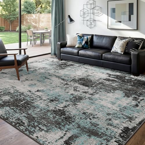 RELEANY Washable 8'x10' Abstract Area Rug for Living Room Teal Black by RELEANY