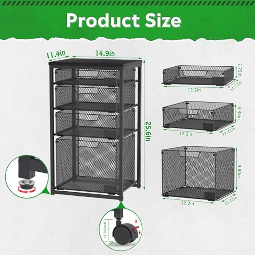 Sbanmao 4 Drawers Rolling Storage Cart, 1 Large Drawer (11.22"D x 12.2"W x 9.84"H) & 3 Small Drawers, Rolling Storage Cart with Lockable Wheels, Craft Storage Cart for Bedroom, Office, Black - Image 2