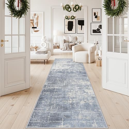 Abstract 3x10 Kitchen Rug Runners: Washable 10ft Hardwood Floor Mat Bathroom Living Room Bedroom Beside Mat Non-Slip Hallway Entry Area Rug Soft Indoor Farmhouse Carpet for Families(3x10,Blue/Ivory) - Image 6