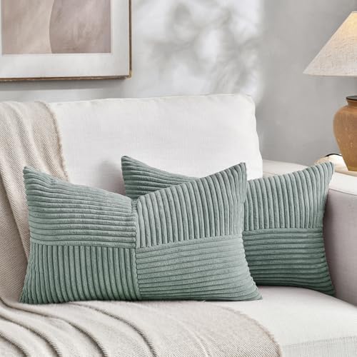 Fancy Homi 2 Packs Grey Blue Lumbar Decorative Throw Pillow Covers 16x28 Inch for Living Room Couch Bed, Rustic Farmhouse Boho Home Decor, Soft Striped Corduroy Rectangle Accent Cushion Case 40x70 cm by Fancy+Homi