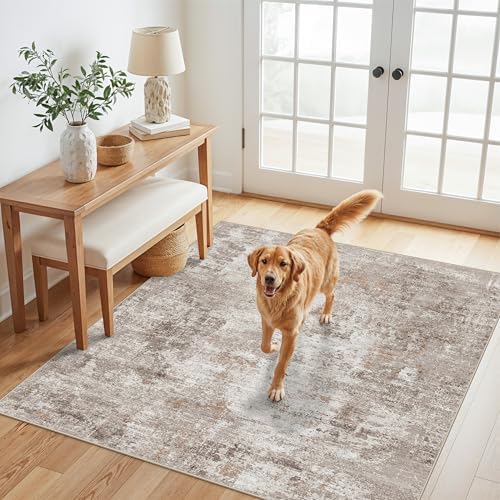 4x4 Square Entryway Rug Washable – Non-Slip Small Area Rug for Kitchen or Bathroom, Soft Low-Pile Indoor Mat, Modern Abstract Thin Door Carpet (Beige Grey) by ZHXXUJ
