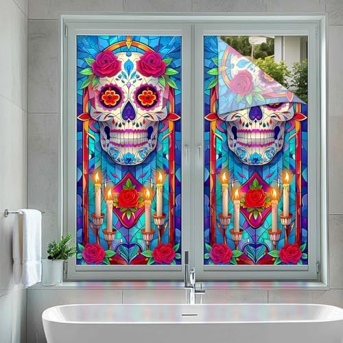 HOMETITUTE Day Dead Skull Flowers Privacy Window Cling 17.7x39.3 PVC - Image 5