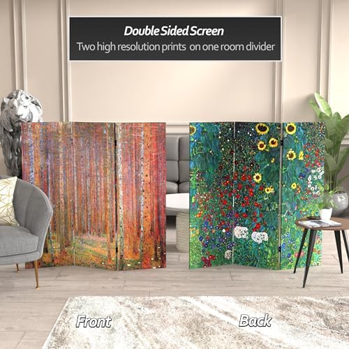 Red Lantern Double Sided Works of Klimt Room Divider - Tannenwald/Farm Garden, 4 Foot - 3 Panel - Image 2