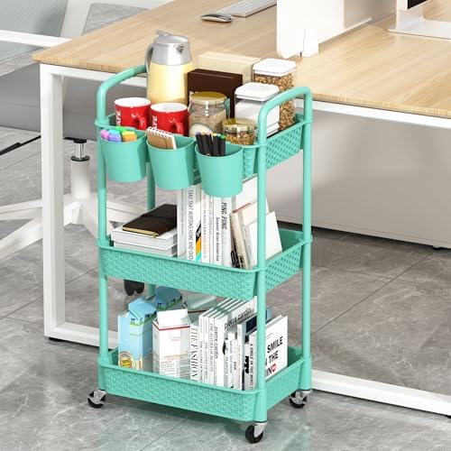 MOYIPIN 3-Tier Plastic Rolling Utility Cart with Handle,Turquoise - Image 4