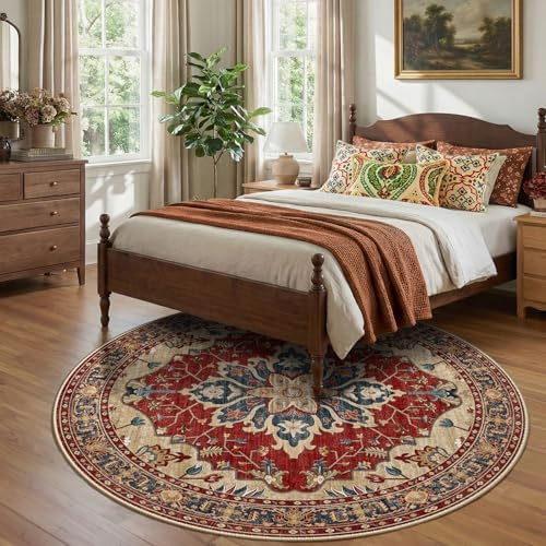 RELEANY Washable Area Rug, Round 8ft, Red/Blue - Image 3