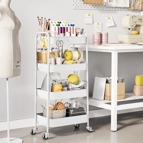 TOOLF 4 Tier Metal Rolling Cart, Utility Storage Cart with Wheels, White | Screwless Assembly, Lockable Metal Wheels, Trolley Organizer for Bathroom, Kitchen, Office, Dorm, Laundry, Craft Room - Image 2