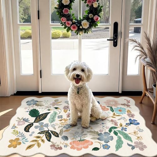 Washable 2x3 Entryway Scalloped Rug: Floral Thin Door Mat Non Slip Water Resistant Kitchen Bathroom Area Rug Indoor Ultra Soft Carpet for Laundry Nursery Living Room Bedroom Soft Floor Mat (2x3,Cream) by HYHAOYUNLAI